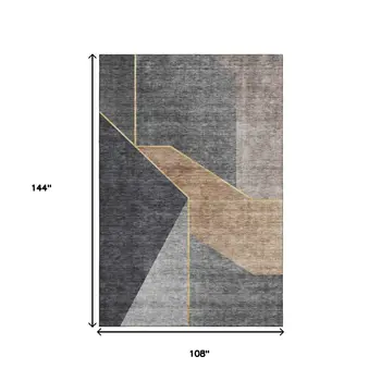 9' X 12' Charcoal Gold And Brown Geometric Washable Area Rug With UV Protection