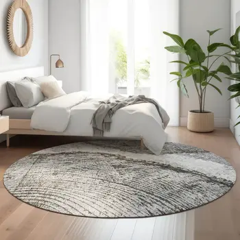8' Gray And Ivory Woodland Lodge Washable Round Rug With UV Protection
