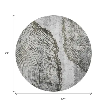 8' Gray And Ivory Woodland Lodge Washable Round Rug With UV Protection