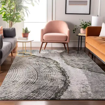 8' X 10' Gray And Ivory Woodland Lodge Washable Area Rug With UV Protection