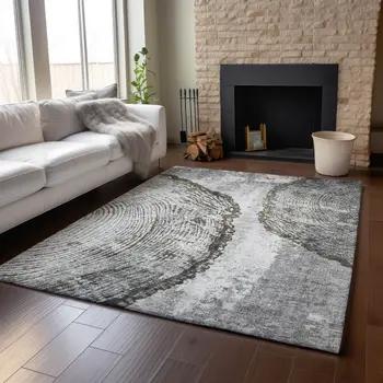 10' X 14' Gray And Ivory Woodland Lodge Washable Area Rug With UV Protection
