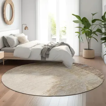 8' Brown Ivory And Gray Woodland Lodge Washable Round Rug With UV Protection