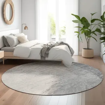 8' Gray And Ivory Woodland Lodge Washable Round Rug With UV Protection