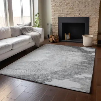 8' X 10' Gray And Ivory Woodland Lodge Washable Area Rug With UV Protection
