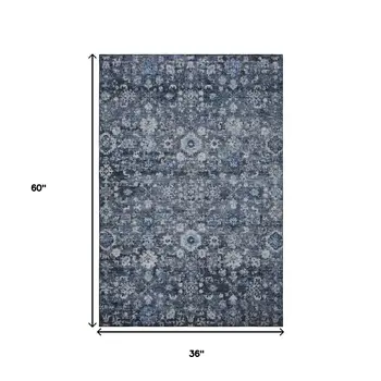 3' X 5' Blue And Ivory Oriental Washable Area Rug With UV Protection