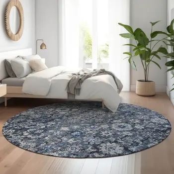 8' Blue And Ivory Oriental Washable Round Rug With UV Protection
