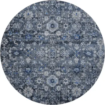 8' Blue And Ivory Oriental Washable Round Rug With UV Protection