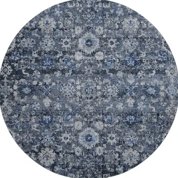 8' Blue And Ivory Oriental Washable Round Rug With UV Protection
