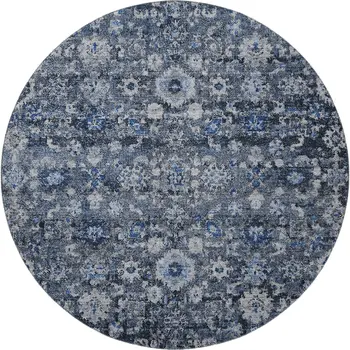 8' Blue And Ivory Oriental Washable Round Rug With UV Protection