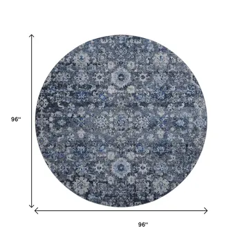 8' Blue And Ivory Oriental Washable Round Rug With UV Protection