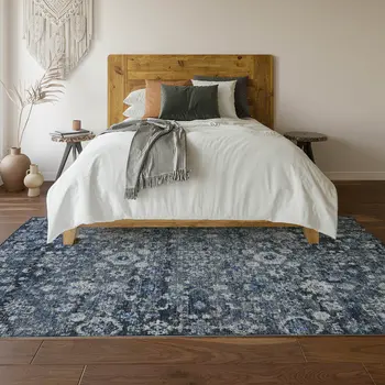8' X 10' Blue And Ivory Oriental Washable Area Rug With UV Protection