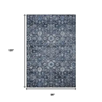 8' X 10' Blue And Ivory Oriental Washable Area Rug With UV Protection