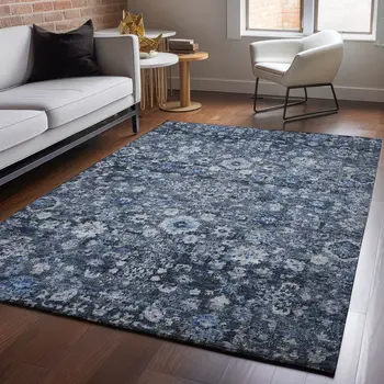 9' X 12' Blue And Ivory Oriental Washable Area Rug With UV Protection