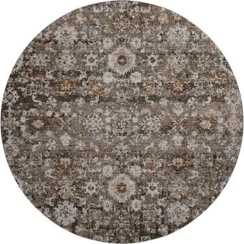 8' Chocolate And Ivory Oriental Washable Round Rug With UV Protection