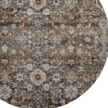 8' Chocolate And Ivory Oriental Washable Round Rug With UV Protection