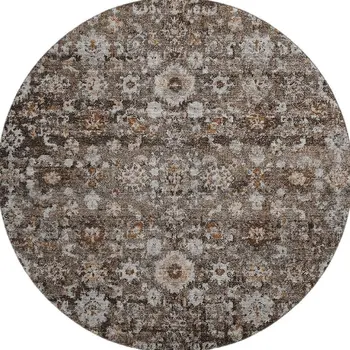 8' Chocolate And Ivory Oriental Washable Round Rug With UV Protection