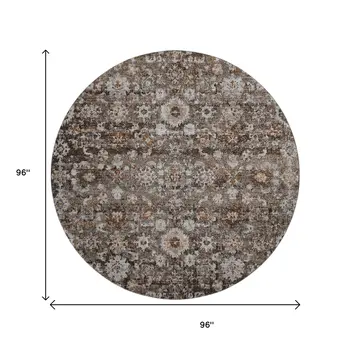 8' Chocolate And Ivory Oriental Washable Round Rug With UV Protection