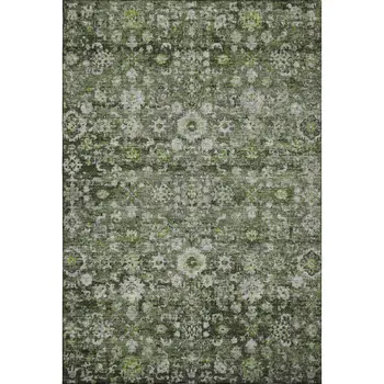5' X 8' Green Ivory And Gray Oriental Washable Area Rug With UV Protection