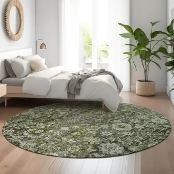 8' Green Ivory And Gray Oriental Washable Round Rug With UV Protection