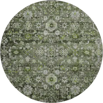 8' Green Ivory And Gray Oriental Washable Round Rug With UV Protection