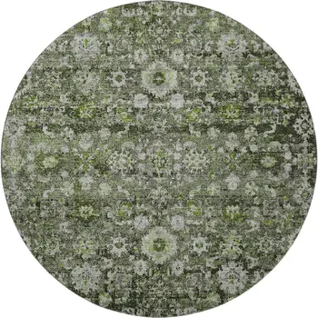 8' Green Ivory And Gray Oriental Washable Round Rug With UV Protection