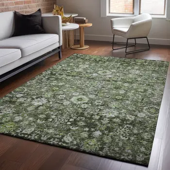 8' X 10' Green Ivory And Gray Oriental Washable Area Rug With UV Protection