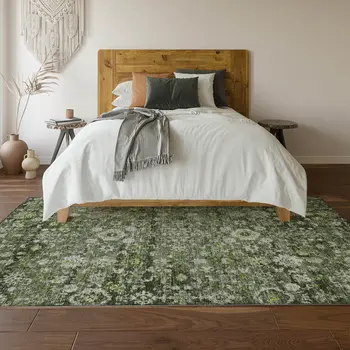 8' X 10' Green Ivory And Gray Oriental Washable Area Rug With UV Protection