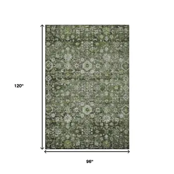 8' X 10' Green Ivory And Gray Oriental Washable Area Rug With UV Protection