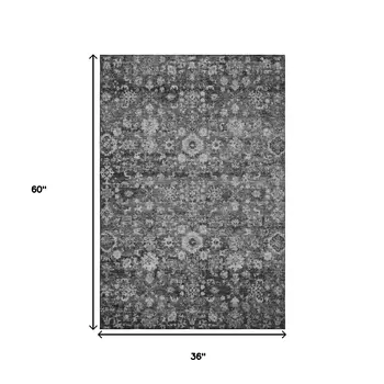 3' X 5' Gray And Ivory Oriental Washable Area Rug With UV Protection