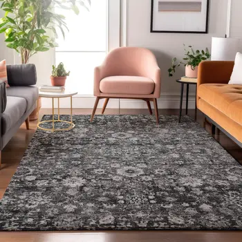5' X 8' Gray And Ivory Oriental Washable Area Rug With UV Protection