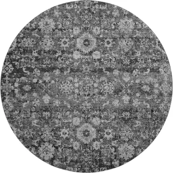 8' Gray And Ivory Oriental Washable Round Rug With UV Protection
