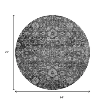 8' Gray And Ivory Oriental Washable Round Rug With UV Protection