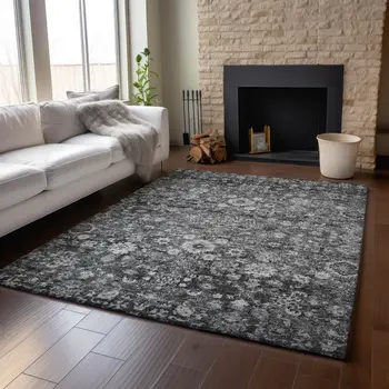 8' X 10' Gray And Ivory Oriental Washable Area Rug With UV Protection