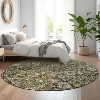 8' Coffee Ivory And Gold Oriental Washable Round Rug With UV Protection