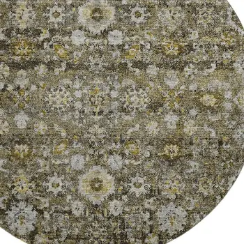 8' Coffee Ivory And Gold Oriental Washable Round Rug With UV Protection