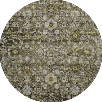 8' Coffee Ivory And Gold Oriental Washable Round Rug With UV Protection