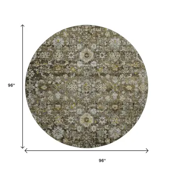 8' Coffee Ivory And Gold Oriental Washable Round Rug With UV Protection