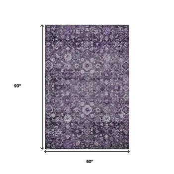 5' X 8' Purple And Ivory Oriental Washable Area Rug With UV Protection