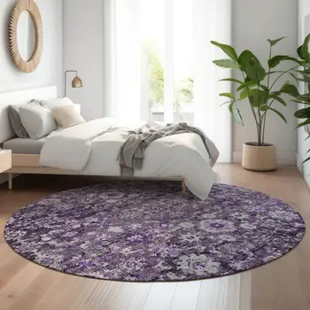 8' Purple And Ivory Oriental Washable Round Rug With UV Protection