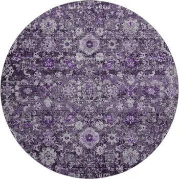 8' Purple And Ivory Oriental Washable Round Rug With UV Protection