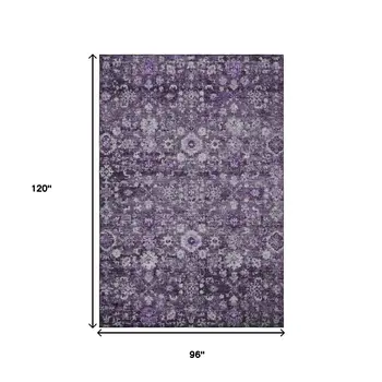 8' X 10' Purple And Ivory Oriental Washable Area Rug With UV Protection