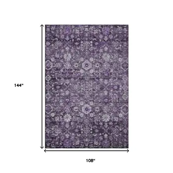 9' X 12' Purple And Ivory Oriental Washable Area Rug With UV Protection
