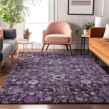 10' X 14' Purple And Ivory Oriental Washable Area Rug With UV Protection