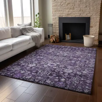 10' X 14' Purple And Ivory Oriental Washable Area Rug With UV Protection