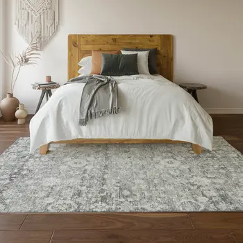 5' X 8' Silver And Gray Oriental Washable Area Rug With UV Protection