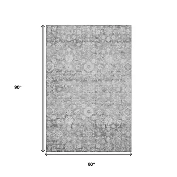 5' X 8' Silver And Gray Oriental Washable Area Rug With UV Protection