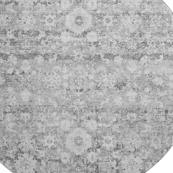 8' Silver And Gray Oriental Washable Round Rug With UV Protection