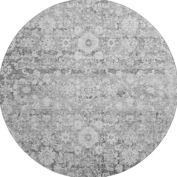 8' Silver And Gray Oriental Washable Round Rug With UV Protection