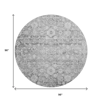 8' Silver And Gray Oriental Washable Round Rug With UV Protection
