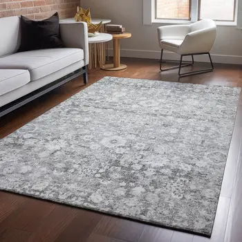 9' X 12' Silver And Gray Oriental Washable Area Rug With UV Protection